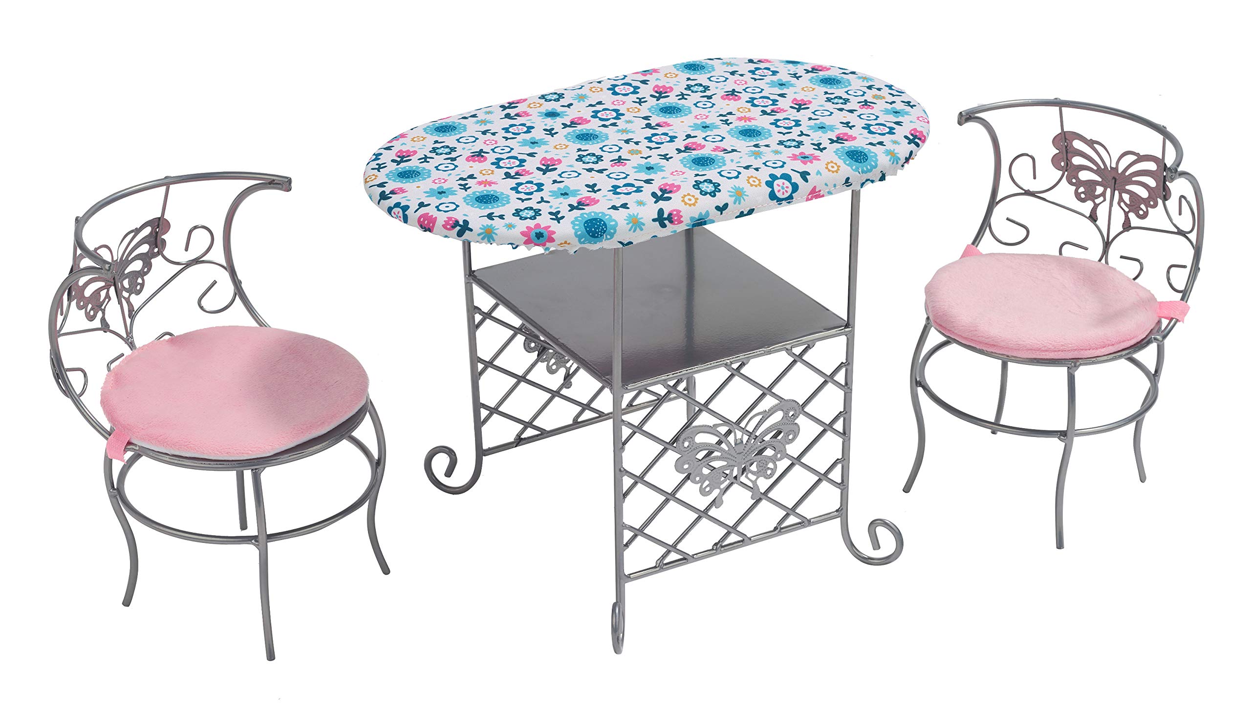 Badger Basket Tea Time Toy Metal Doll Table and Chair Set with Accessories for 18 inch Dolls - Silver/Pink/Multi