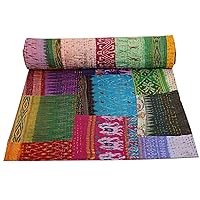 Reversible Silk Bed Cover Indian Handmade Vintage Patchwork Silk Sari Blanket Large Patchwork Bedding Queen Silk Comforter Bedspread
