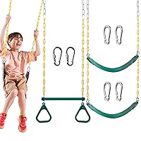 TURFEE 3 Pack Assorted Swing Set, Including 1 Gym Rings Trapeze Swing Bar and 2 Pcs Swings with Plastic Coated Chain, Swing Set Accessories Replacement for Kids Outdoor Play, Playground- Green