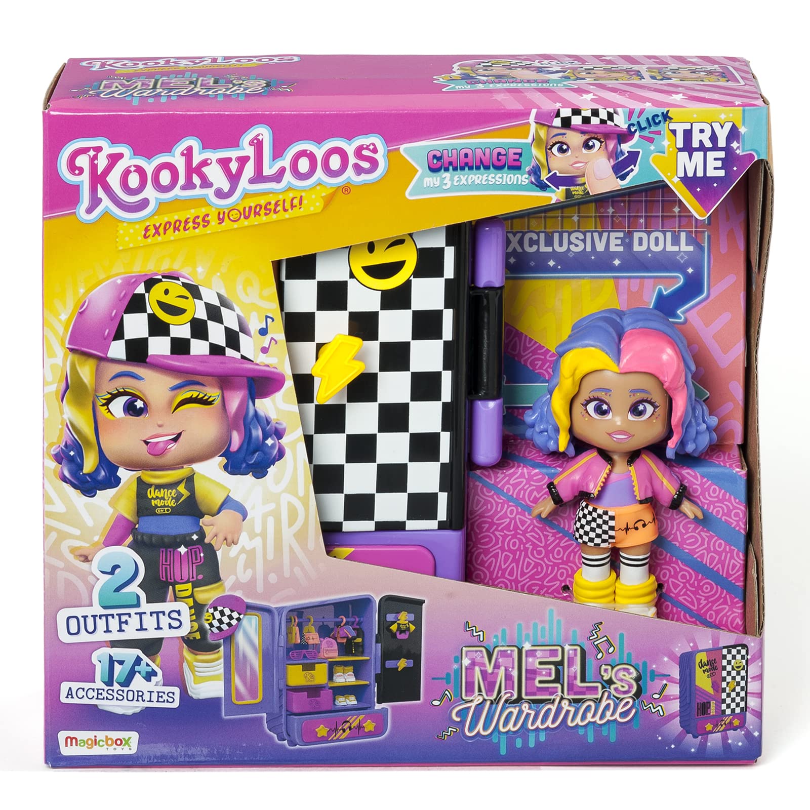 KOOKYLOOS Mel's Wardrobe Doll Wardrobe with 18+ Fashion Accessories and Exclusive Doll with 3 Fun Expressions - Includes Clothes, Accessories and Shoes, Hangers, Drawers and 3 Stickers