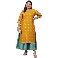 Indian Women's Plus Size Mustard Poly Silk Foil Print A-line Ethnic Dress