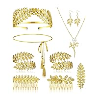 Xinnun 9 Pcs Greek Goddess Costume Accessories Toga Belt Leaves Crown Bracelet Headpiece Earrings Necklace for Women Bridal