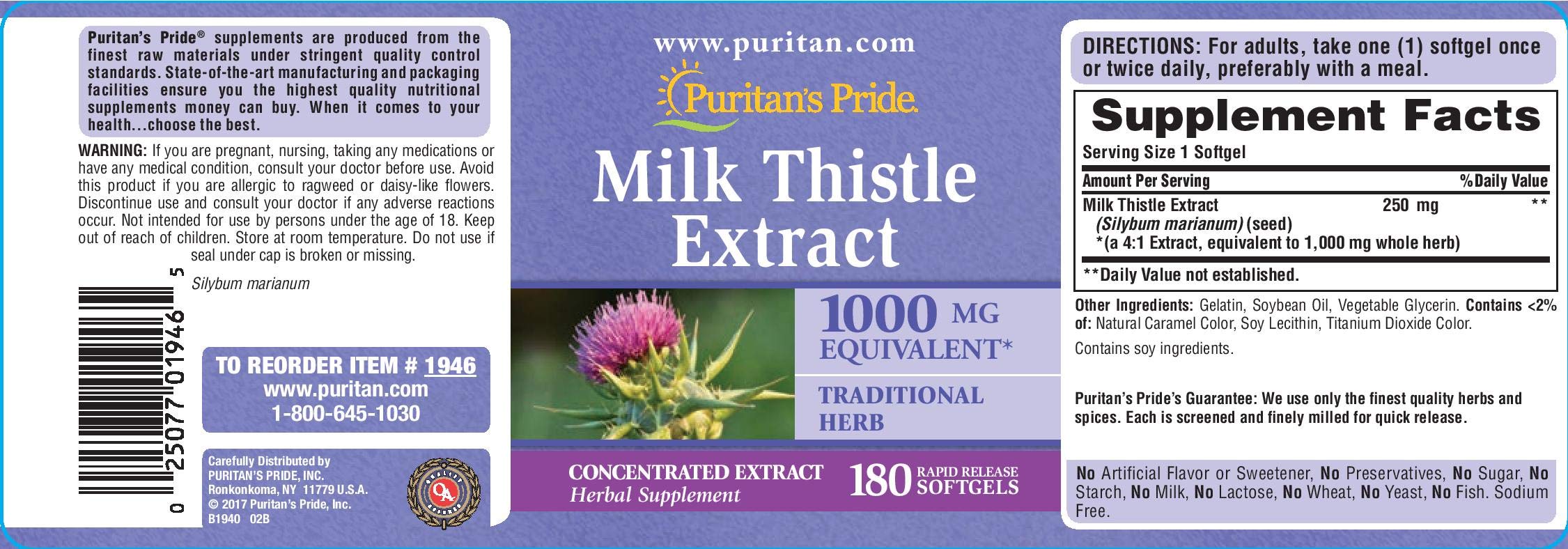 Puritan's Pride Milk Thistle 4:1 Extract 1000 Mg (Silymarin) Softgels,for Liver Support ,180 Count