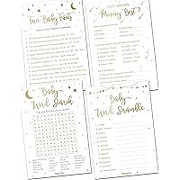 Baby Shower Games for Boy or Girl - Set of 4 Games for 30 Guests - Double Sided Cards - Gender Reveal Party Supplies - Gender Neutral - Gold Stars