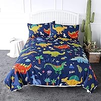 Colorful Dinosaur Bedding Cute Dinosaurs Print Blue Green Duvet Cover Boys Abstract Dino Bed Set (Queen)