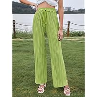 Women's Pants Pants for Women Solid Tie Front Plisse Split Hem Wide Leg Pants (Color : Lime Green, Size : Small)