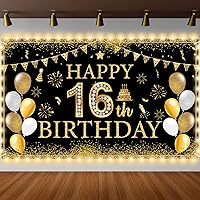 ZOiiWA 16th Birthday Backdrop Lighted Party Decorations Sweet 16 Backdrop with LED Light for Boys Girls Party Supplies Black Gold Happy 16th Birthday Photo Props Background with Light Party Favor