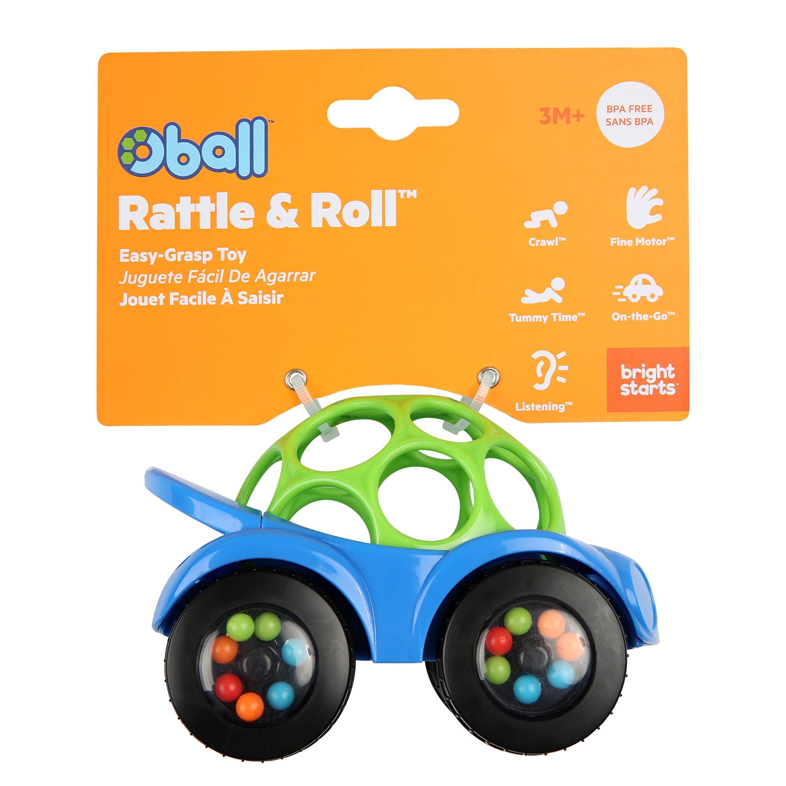 Bright Starts Oball Easy Grasp Rattle & Roll Toy Sports Car BPA-Free Infant Crawling Toy, 1 Pack, Age 3 Months and up, Blue/Green