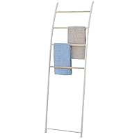 MyGift 4 Rung White Chrome Plated Metal Wall Leaning Bath Towel Storage Ladder, Freestanding Bathroom Drying Rack for Towels with Top and Bottom Non Slip Rubber Feet