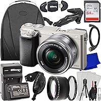 Ultimaxx Essential Accessory Bundle + Sony a6000 Mirrorless Camera w/ 16-50mm Lens (Silver) + SanDisk 64GB Ultra SDXC, 1x Replacement Battery, Protective UV Filter, Tabletop Tripod & More(25pc Bundle)
