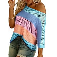 Dokotoo Womens 2024 Summer Color Block Striped Crochet Beach Cover Ups Sweaters Hollow Out Boho Vocation Tops