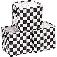 Hinwo 3-Pack Cubic Organizer Shelf Bins, Canvas Fabric Storage Baskets with Handles, 22L/5.8-Gal Square Storage Bins, Cubes, Collapsible Storage Box, 11 x 11 x 11 Inches (S, Black Checkerboard)