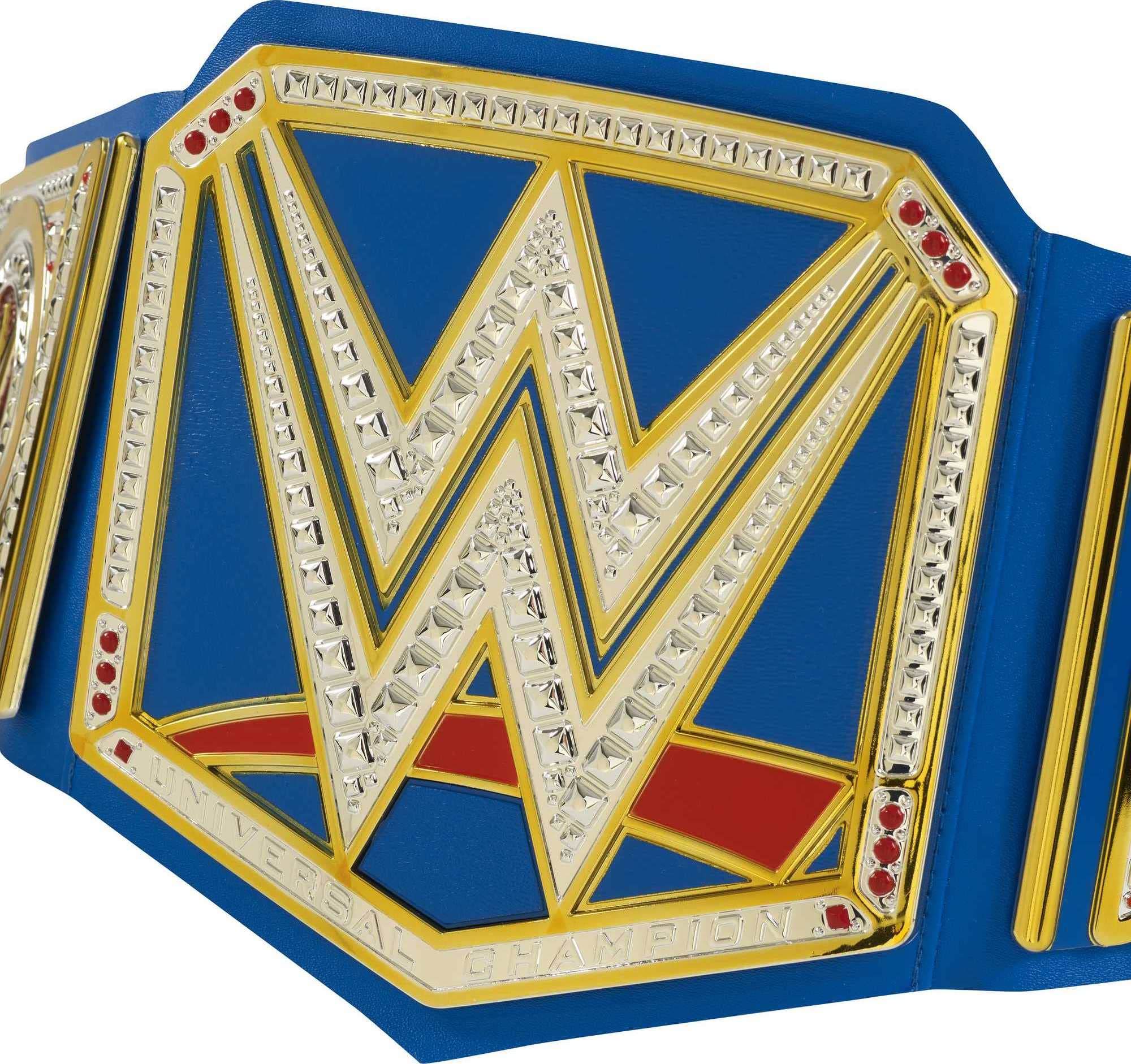 Mattel WWE Universal Championship Role Play Title Belt with Metallic Sideplates and Adjustable Strap for Kids, Blue/Gold