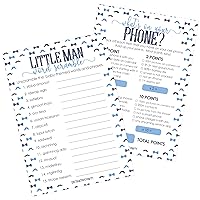 DISTINCTIVS Little Man Baby Shower Game Pack - What's on Your Phone Scavenger Hunt and Word Scramble (2 Game Bundle) - 20 Dual Sided Cards