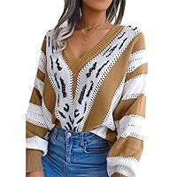 Autumn and Winter Women's Street Leopard Knitted Pullover V-Neck Loose Oversized Sweater Long-Sleeved Top