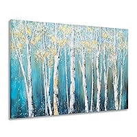 Yihui Arts Canvas Wall Art White Grey Birch Trees Branches Painting Gold Foil Leaves Pictures, Modern One Framed Large Size for Living Room Bedroom Home Office Decor