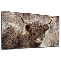 Highland Cow Wall Art Vintage Longhorn Cattle Canvas Pictures Brown Wild Animal Painting Framed Modern Artwork for Living Room Bedroom Office Kitchen Bathroom Home Decor Ready to Hang 20