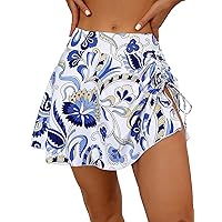 SweatyRocks Women's Boho Floral Print Drawstring Side Bikini Bottom Split Hem Flared Swimsuit Skirt