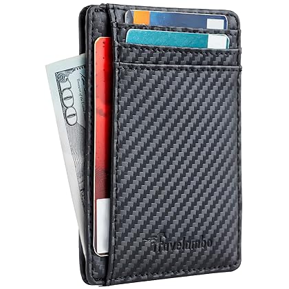 Travelambo Front Pocket Minimalist Leather Slim Wallet RFID Blocking Carbon Fiber Texture