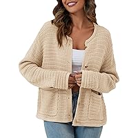 Cardigan Sweaters for Women 2023 Open Front Button Down Knit Lightweight Long Sleeve Round Neck Outerwear with Pockets Beige L