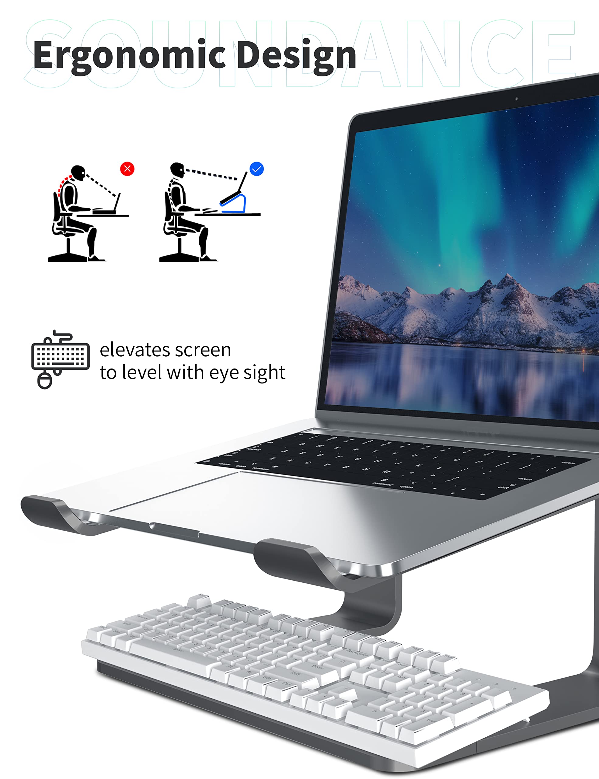 SOUNDANCE Laptop Stand, Aluminum Computer Riser, Ergonomic Laptops Elevator for Desk, Metal Holder Compatible with 10 to 15.6 Inches Notebook Computer, Grey