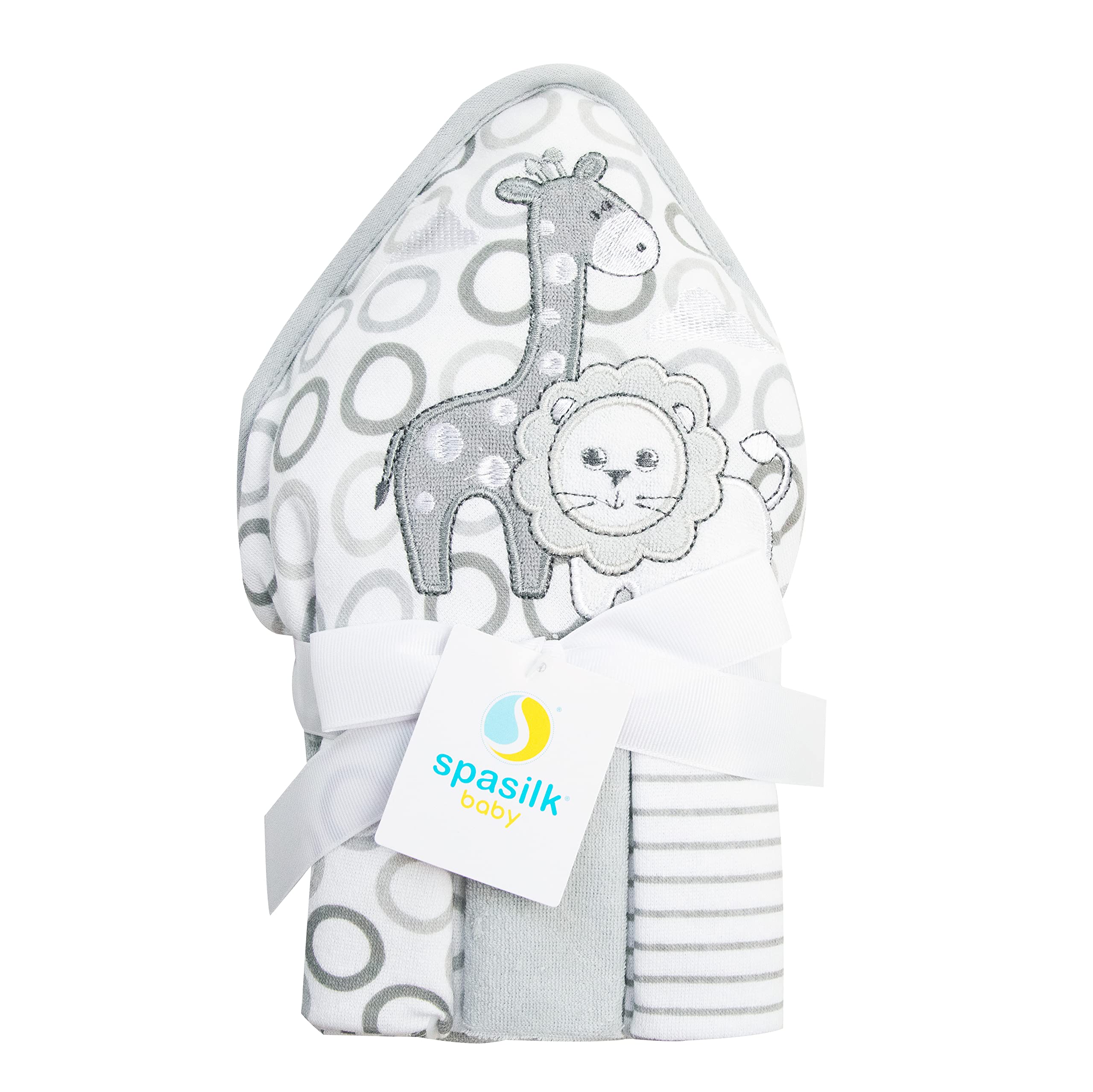 Spasilk Baby Bath Hooded Terry Towel with 3 Washcloths, Baby Bath Essentials, One Size, Gray Lion