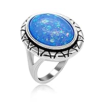 Uloveido Simulated Blue Fire Opal Statement Cocktail Ring for Women and Men with White Gold Plated RA0309