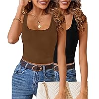 ZESICA Women's Summer Casual Ribbed Crop Tank Tops 2024 Square Neck Sleeveless Shirts 2 Pack