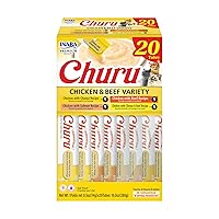 Churu Cat Treats, Grain-Free, Lickable, Squeezable Creamy Purée Cat Treat/Topper with Vitamin E & Taurine, 0.5 Ounces Each Tube, 20 Tubes, Chicken & Beef Variety Box