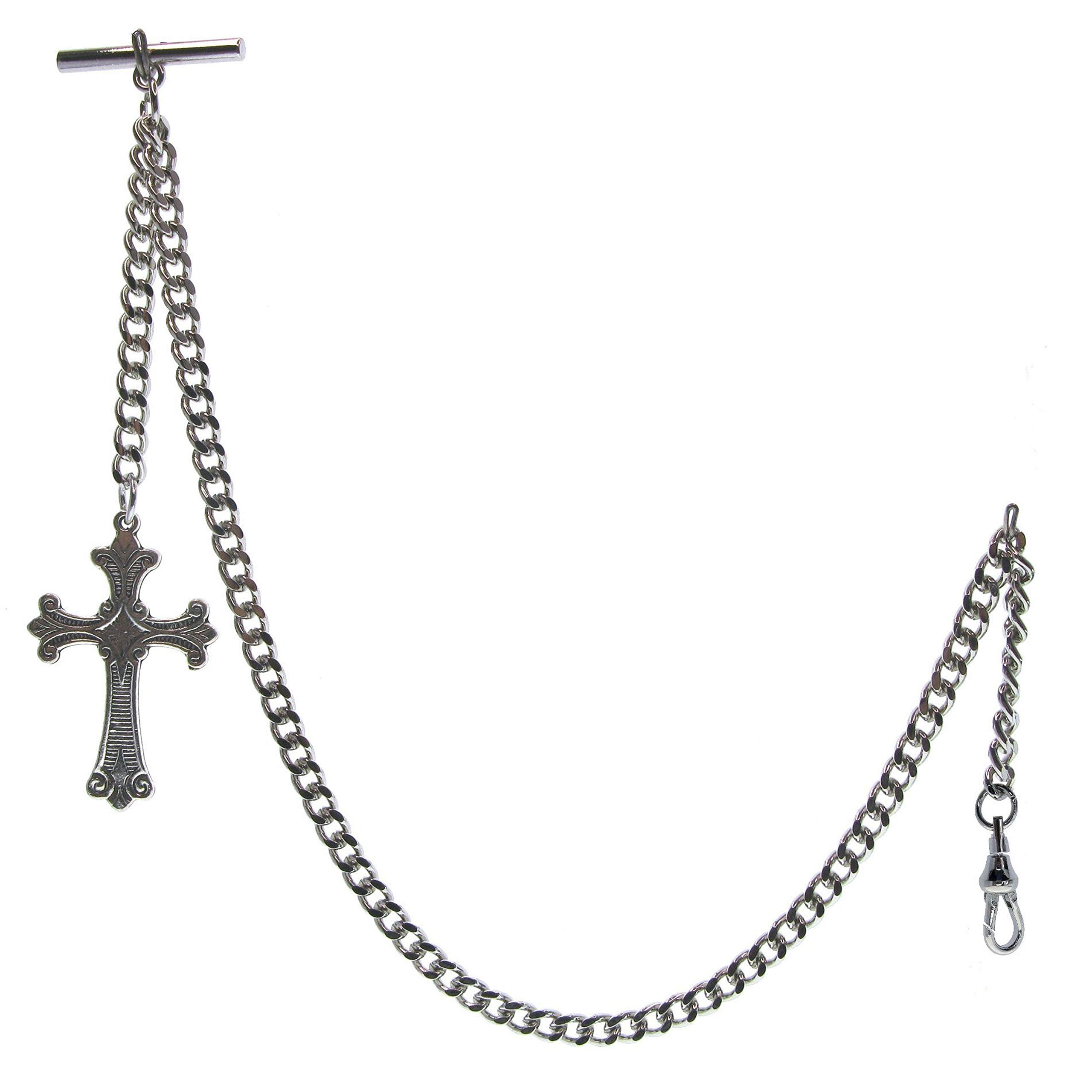 Albert Chain Silver Pocket Watch Chain Fob Chain with Religious Cross Design Fob and Swivel Clasp T Bar AC114A
