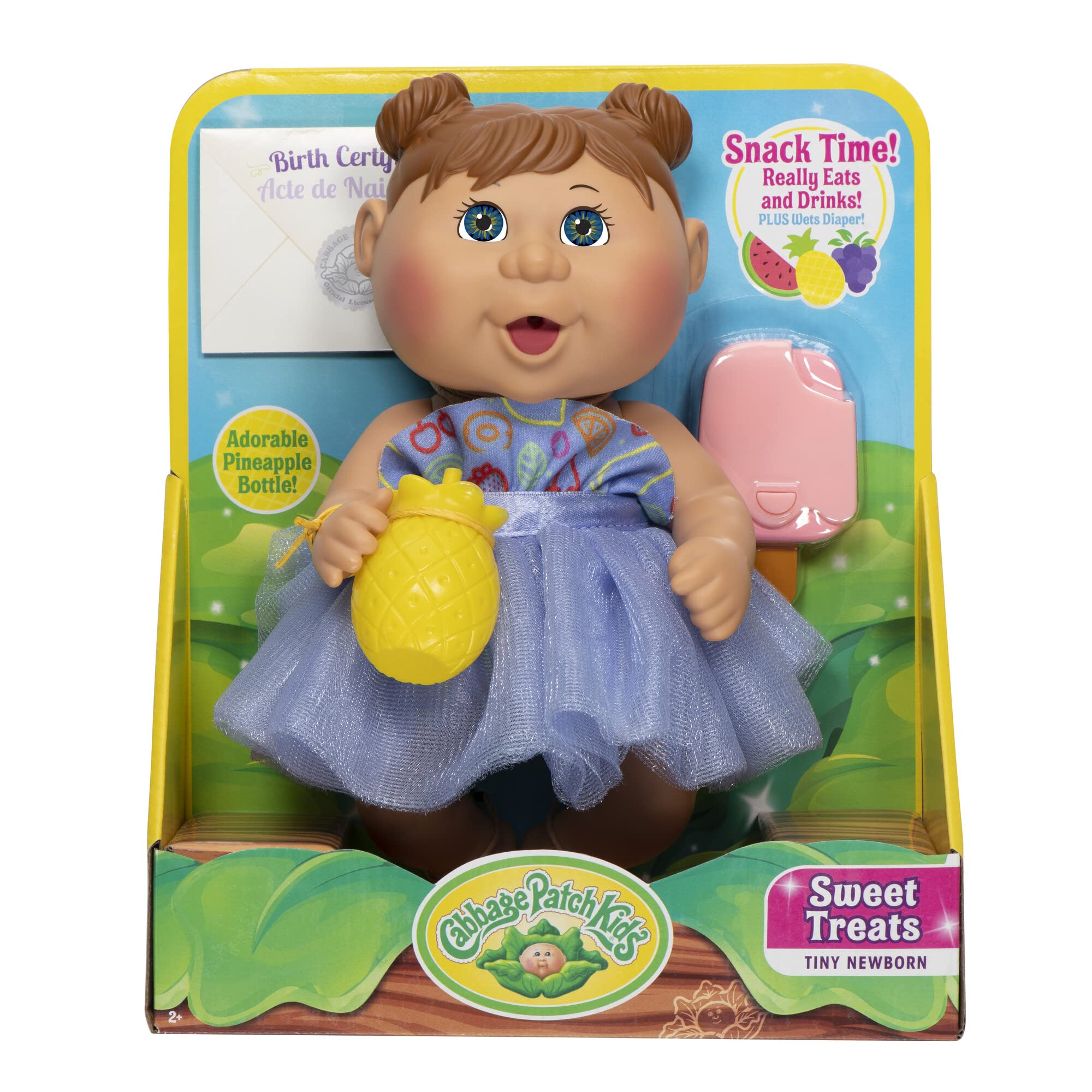 Cabbage Patch Kids Deluxe Tiny Newborn - 9 Inch CPK Doll - Sweet Treats (Brunette, Hazel Eyes) - Drink & Wet - Includes Pink Popsicle, Pineapple Bottle, Removable Diaper - Grow Your Cabbage Patch