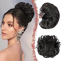 BOGSEA Messy Bun Hair Piece, Curly Messy Bun Hair Clip on Hairpieces for Women Synthetic Chignon with Big Comb updo Elastic Drawstring Hair Buns（Brown Black）