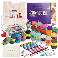 43 Piece Small Crochet Kit for Beginners Adults and Kids with 9 Crochet Hooks Set and 55 Yards of Yarn for Crocheting Set, Canvas Tote Bag and Lots More