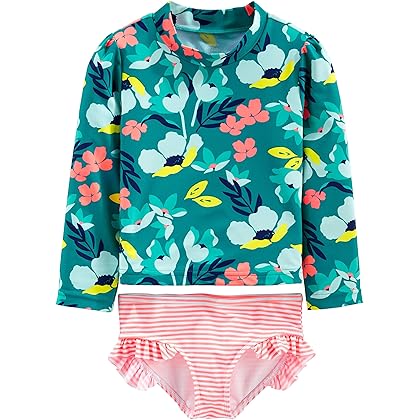 Simple Joys by Carter's Girls' 2-Piece Assorted Rashguard Sets, Green Floral/Pink Stripe, 18 Months