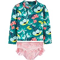 Simple Joys by Carter's Girls' 2-Piece Assorted Rashguard Sets, Green Floral/Pink Stripe, 3T