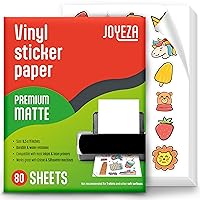 Premium Printable Vinyl Sticker Paper for Inkjet Printer - 80 Sheets Matte White Waterproof, Dries Quickly Vivid Colors, Holds Ink Well- Tear Resistant - Inkjet & Laser Printer