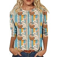 Easter Shirts for Women,3/4 Length Sleeve Womens Tops Bunny and Easter Egg Print Round Neck Shirts Cute Tops for Women