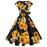 Kingfancy Women Vintage 1950s Dress Retro Cocktail Party Swing Dresses with Cap Sleeves