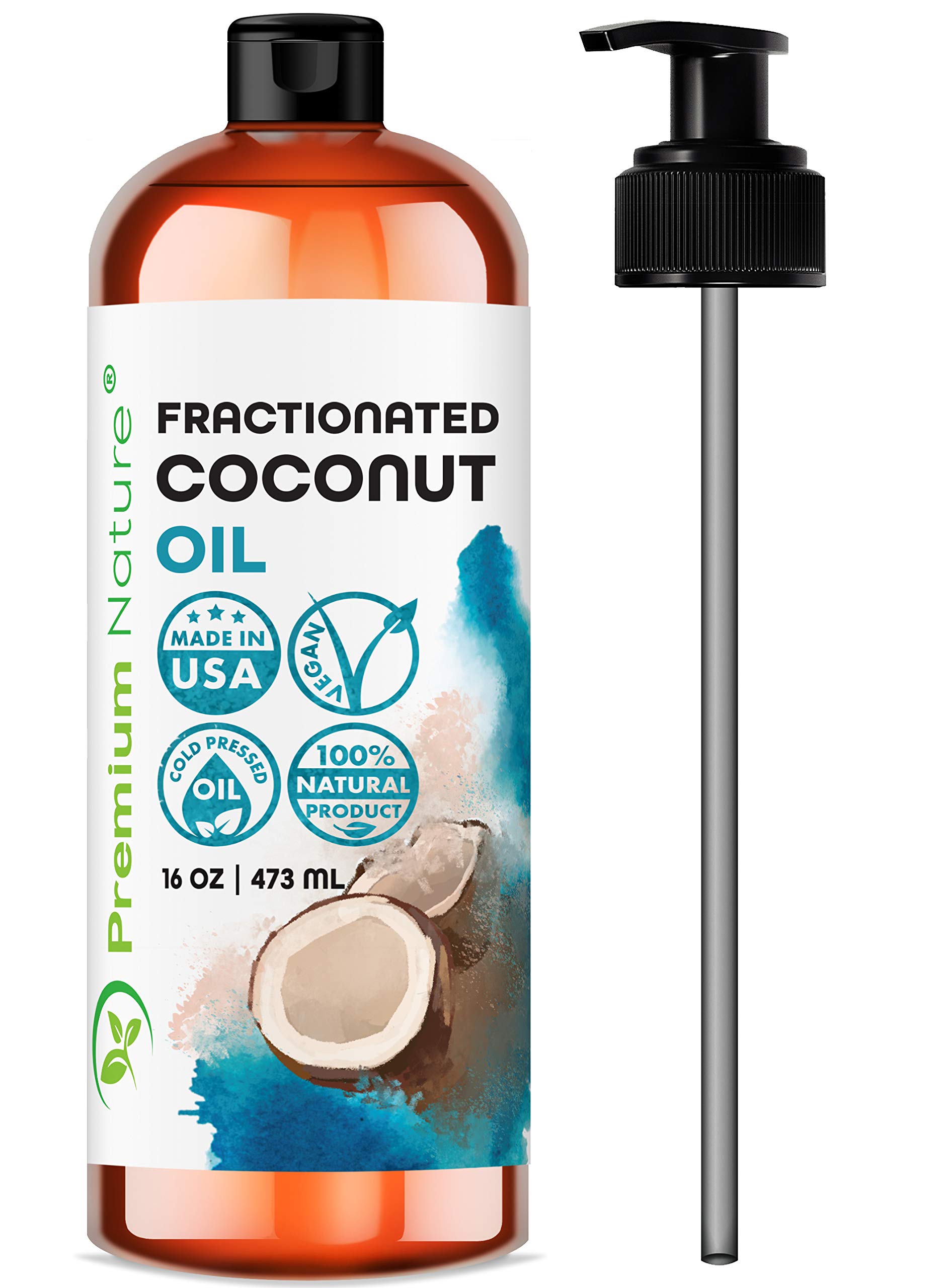 Fractionated Coconut Oil Skin Moisturizer - Cold Pressed MCT, Massage & Essential Oil Carrier, 16 oz Pump