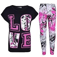 Girls Love Print Top Short Sleeve T-Shirt & Splash Print Fashion Leggings Set Age 5-13 Years Black