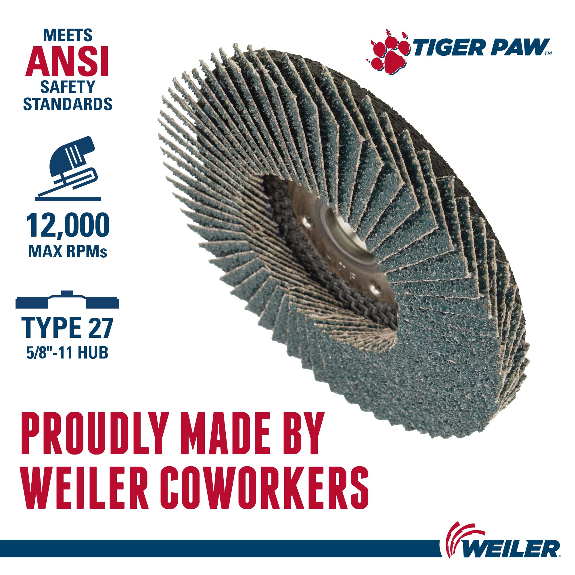 Weiler 51165 Tiger Paw XHD Super High Density Abrasive Flap Disc, Type 27 Flat Style, Phenolic Backing, Zirconia Alumina, 4-1/2