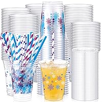 meekoo 50 Sets Snowflake Cup with Flat Lids and Straws 12 oz Snowflake Wonderland Plastic Cups Clear Drink Disposable Cups with Lids for Smoothie Snowflake Grow up Birthday Party Baby Shower Winter
