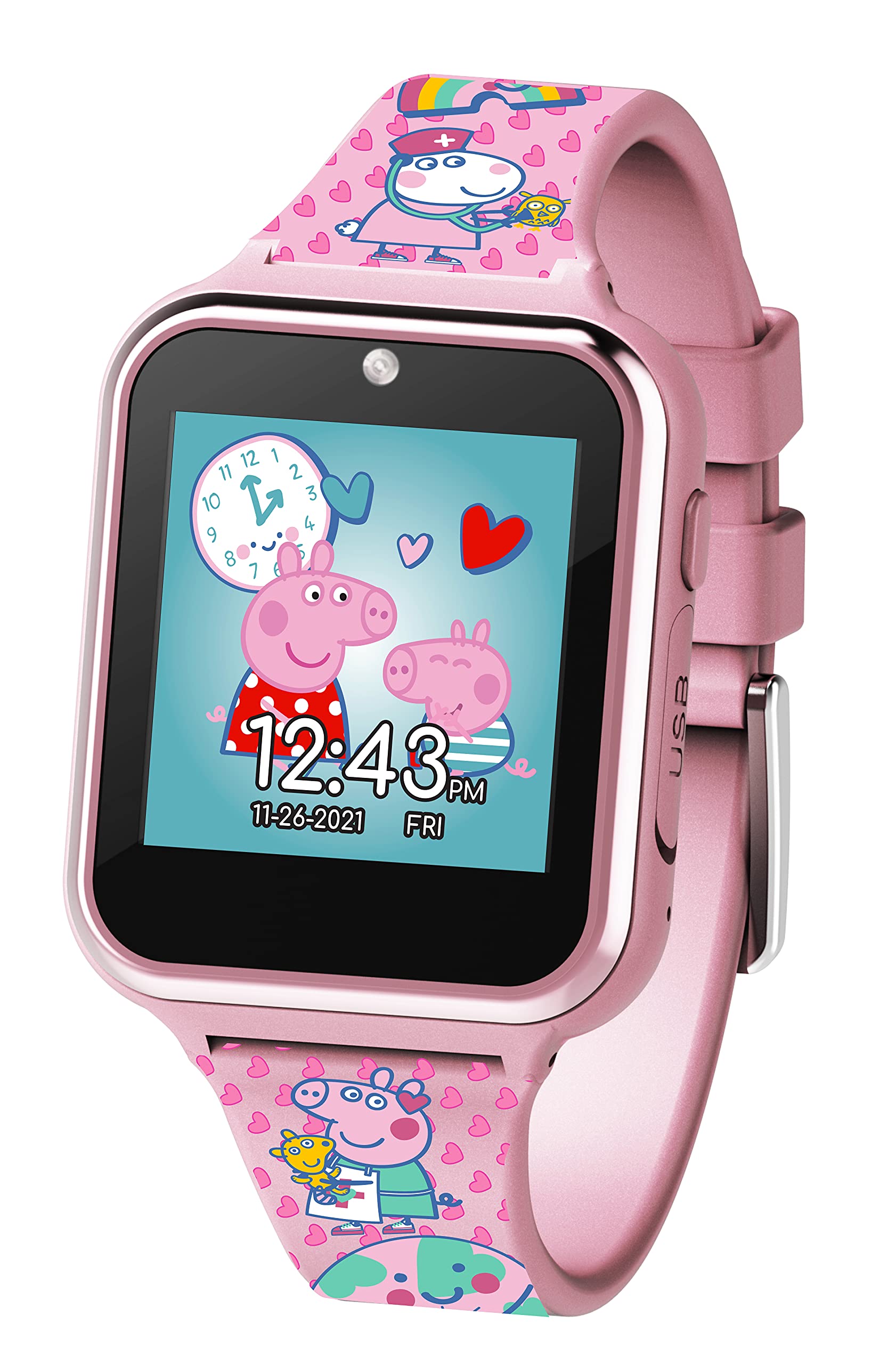 Accutime Kids Peppa Pig Baby Pink Educational Learning Smart Watch Toy with Multicolor Graphic Strap for Girls, Boys, Toddlers - Selfie Cam, Learning Games, Alarm, Calculator (Model: PPG4086AZ)