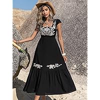 Dresses for Women - Floral Embroidery Square Neck Ruffle Hem Dress (Color : Black, Size : X-Large)
