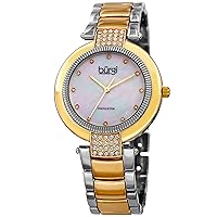Burgi Swarovski Crystal Studded Lug - Stainless Steel Designer Women's Watch – Chain Link Bracelet Band with Crystal Accents, Mother of Pearl Dial Diamnond Markers -BUR181