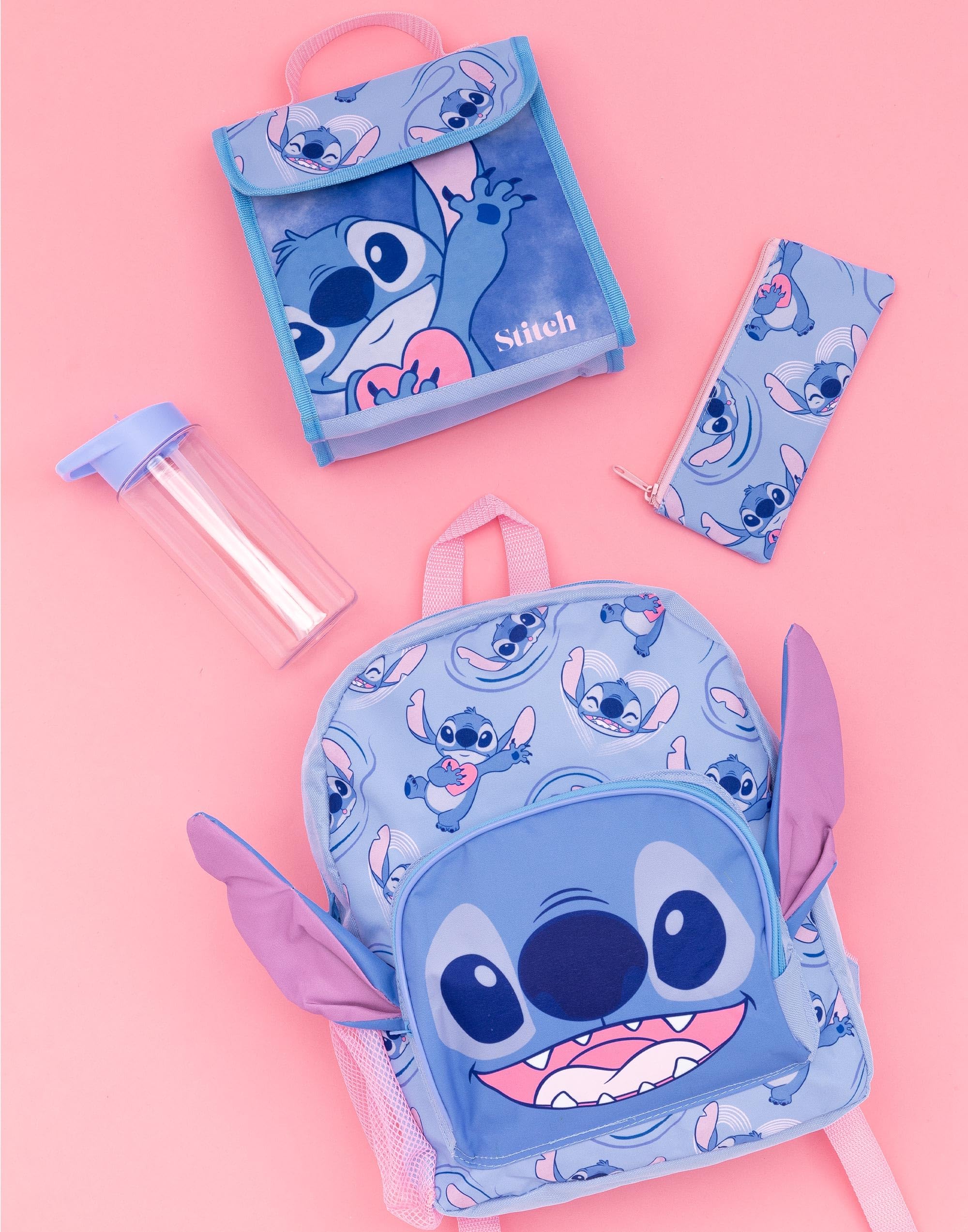 Disney Lilo And Stitch 4 Piece Backpack Girls | Kids Boys Alien Character 3D Ears Rucksack Lunch Bag Pencil Case And Water Bottle | Back to School Bag Gifts