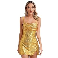 Women's Sequins Mini Dress Spaghetti Straps Ruffled Dresses Cocktail Club Party Dress