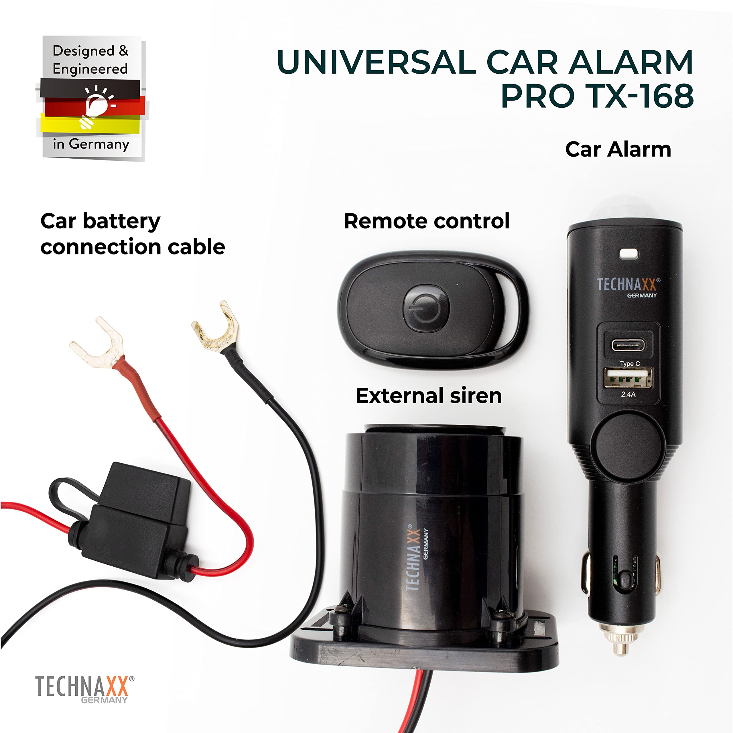 Technaxx Alarm System for Cars, Vans, Vehicles, Homes with PIR Motion Sensor, External 105 dB Sirene, 2 USB - ~7 Days Working Time - Car Security Alarm TX-168, Black
