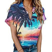 Lightning Deals of Today Hawaiian Summer Tops for Women 2024 Dressy Casual Printed Short Sleeve Tunic T Shirts Trendy Button Down Lapel Blouses Beach Going Out Vacation Loose Comfy Tees Plus Size