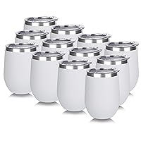 DOMICARE Stainless Steel Wine Tumbler Bulk with Lid, Personalized White Insulated Tumblers Set, 12oz Travel Coffee Cups Pack of 12